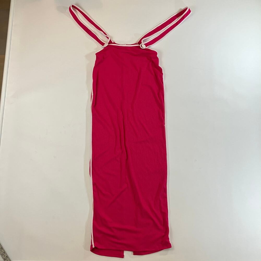 Belita Collection Women's L Hot Pink Ribbed Maxi Dress White Trim Strappy USA